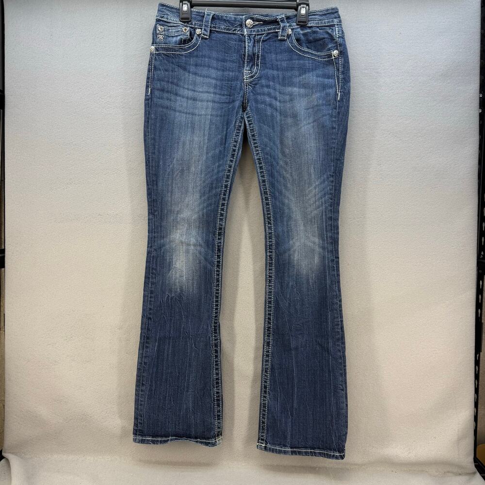 Miss Me Jeans Women's 30x34  Blue Signature Boot Lace Fleur De Lis Pockets - Picture 2 of 16